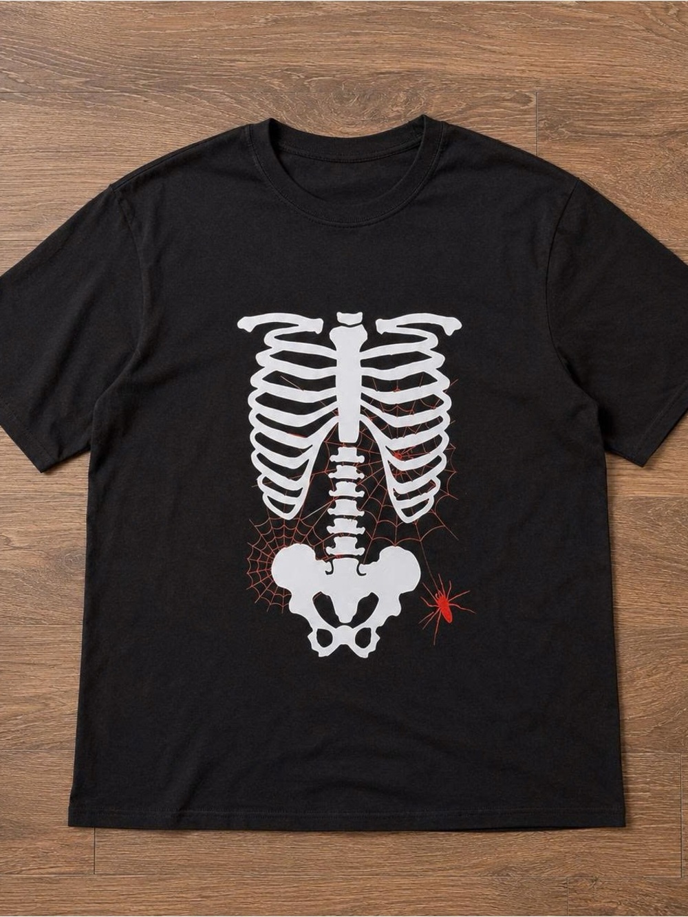 Black Skeleton Graphic Tee with Red Spider - Men